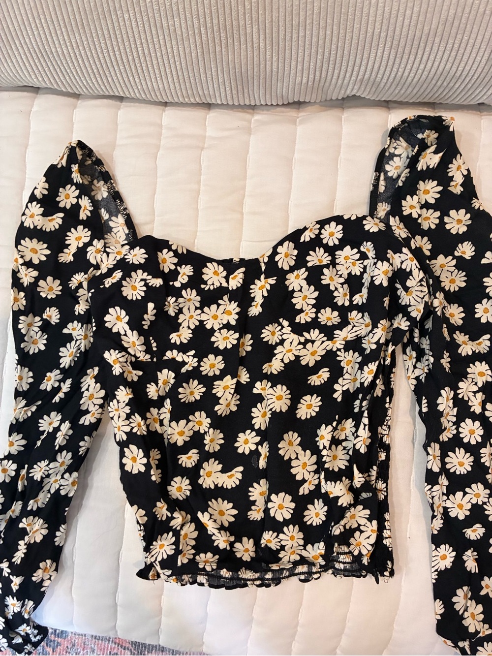 Reformation Black Daisy Puff-Sleeve Sweetheart Top